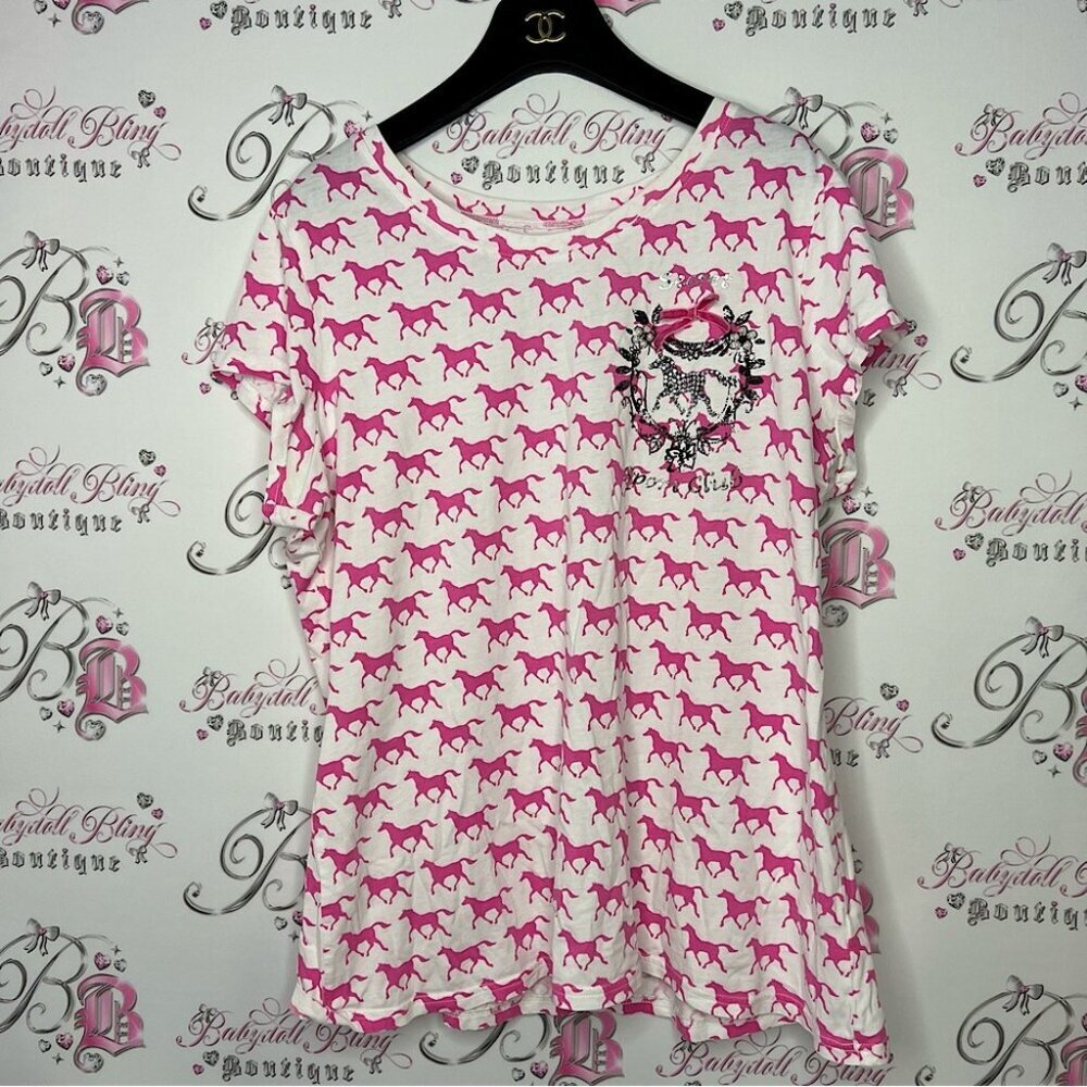 Victoria secret tshirt sport club horses racing bow ribbon 🎀 pearls rhinestone